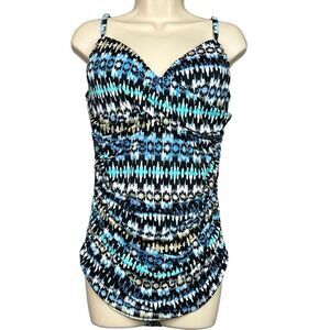 Fit 4U Swimsuit One Piece Sz 16 Blue Abstract Print Ruching Sweetheart‎ Neckline